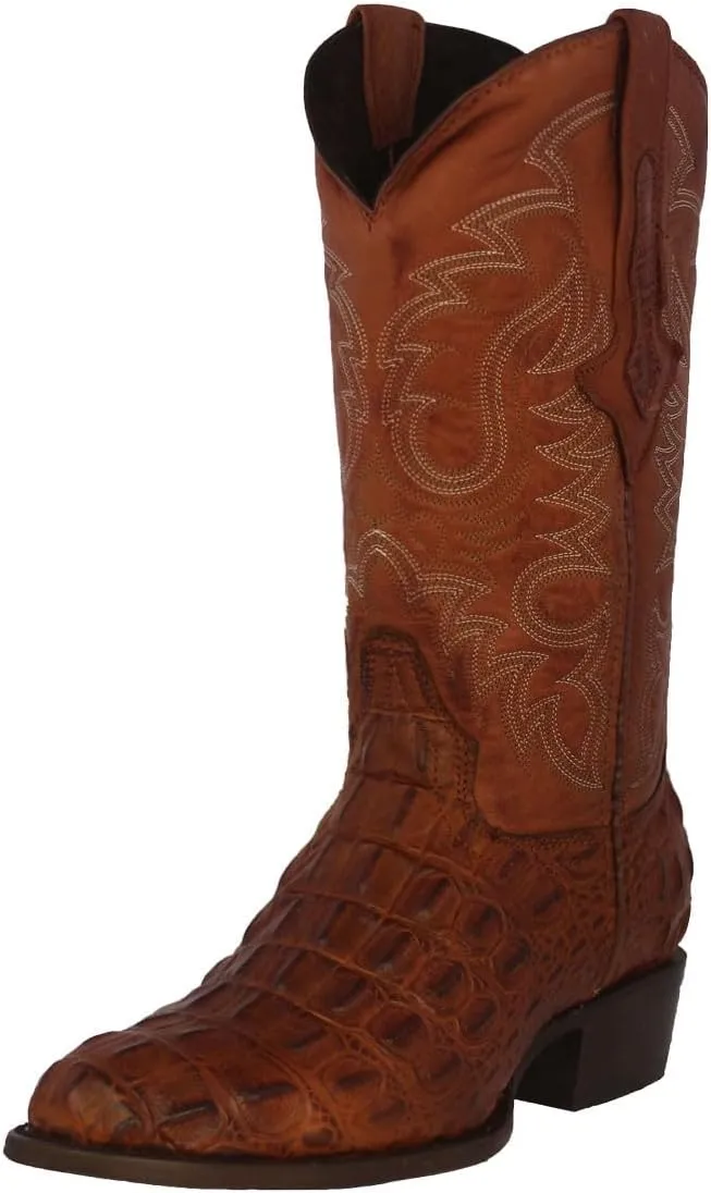TEXAS LEGACY Mens Cognac Western Leather Cowboy Boots Crocodile Back Print Round Toe
