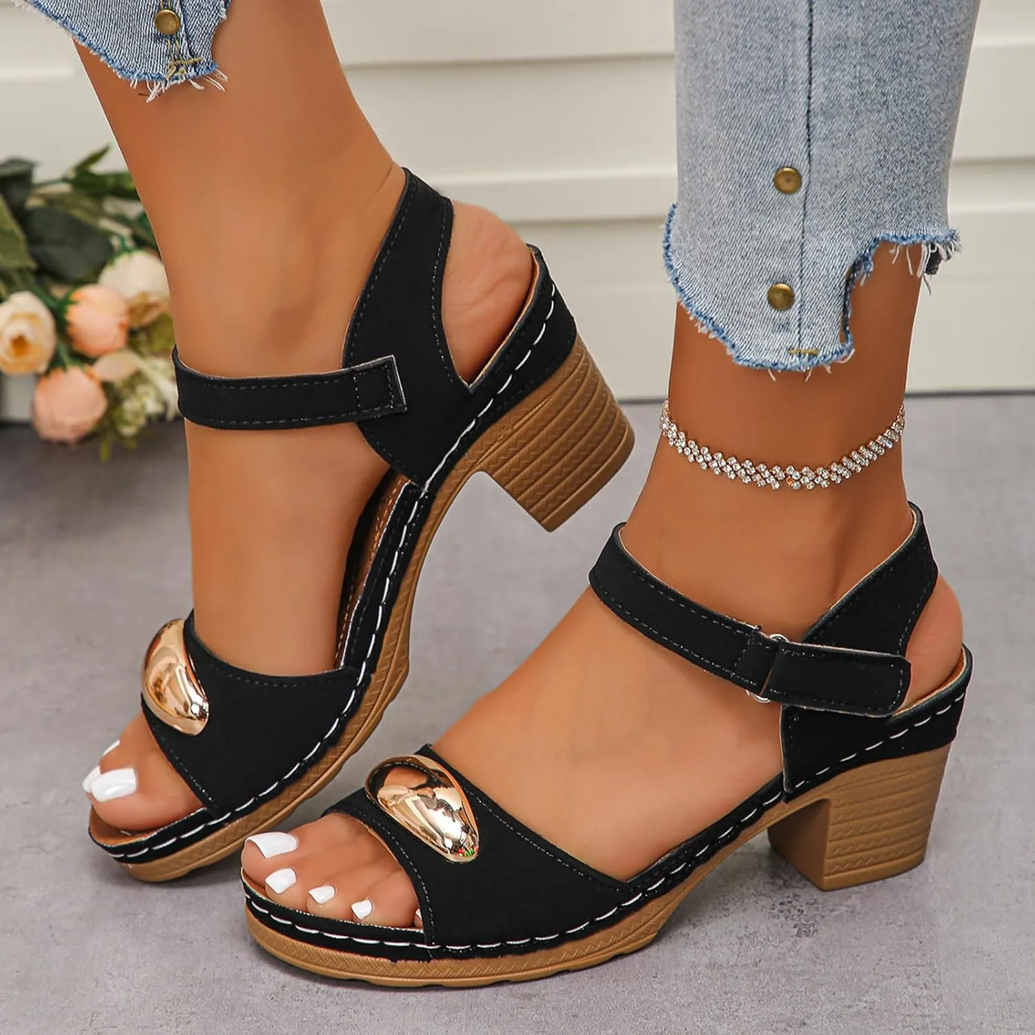 Thick Heel Fish Mouth Thick Sole Women's Slippers Fashionable Casual Leather Outer High Heeled Sandals for Women Size 5