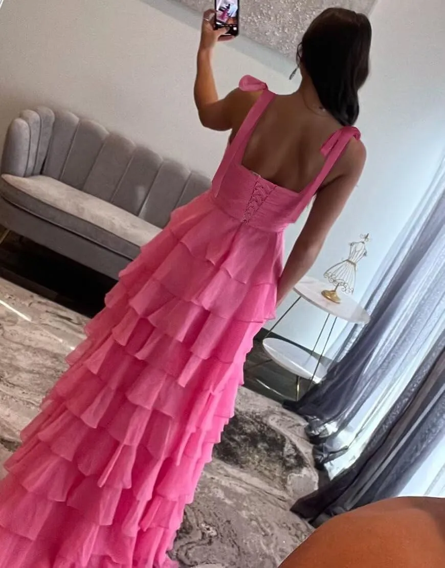 Tiered Chiffon Prom Dresses for Women 2025 Spaghetti Straps Long Layered Slit Formal Evening Ball Gowns with Bow LS61