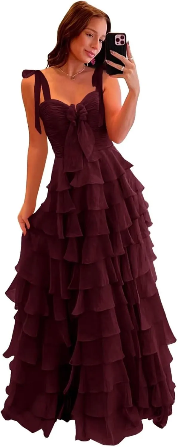 Tiered Chiffon Prom Dresses for Women 2025 Spaghetti Straps Long Layered Slit Formal Evening Ball Gowns with Bow LS61