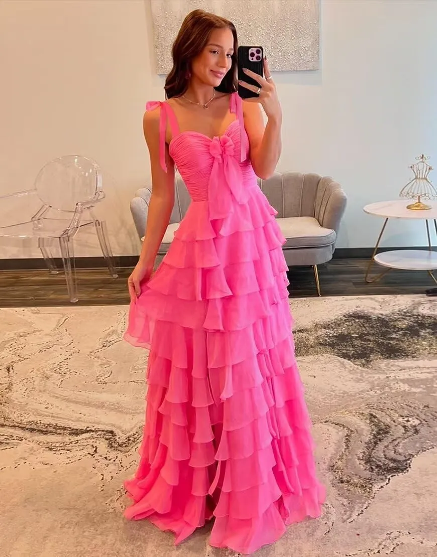 Tiered Chiffon Prom Dresses for Women 2025 Spaghetti Straps Long Layered Slit Formal Evening Ball Gowns with Bow LS61