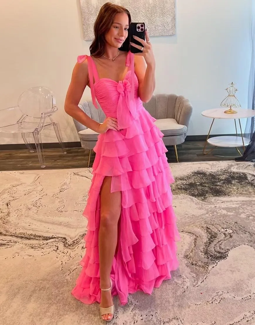 Tiered Chiffon Prom Dresses for Women 2025 Spaghetti Straps Long Layered Slit Formal Evening Ball Gowns with Bow LS61