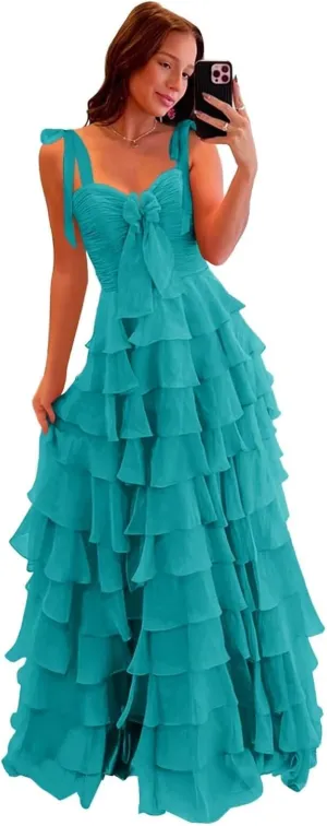 Tiered Chiffon Prom Dresses for Women 2025 Spaghetti Straps Long Layered Slit Formal Evening Ball Gowns with Bow LS61