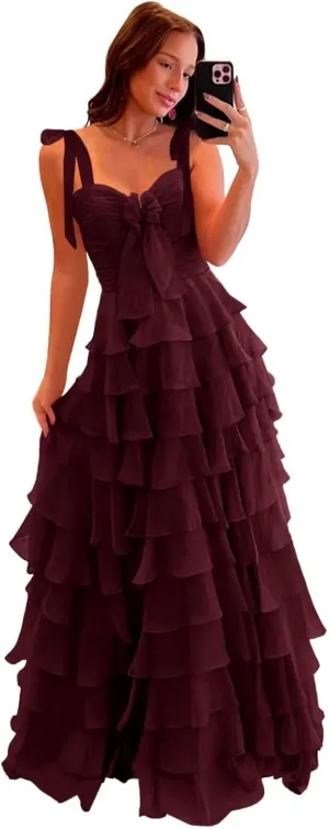 Tiered Chiffon Prom Dresses for Women 2025 Spaghetti Straps Long Layered Slit Formal Evening Ball Gowns with Bow LS61