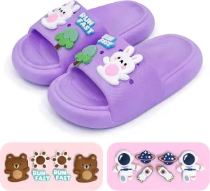 Toddler Slides Slippers Boys & Girls Slide Sandals for Kids Cute Cartoon Open Toe Sandals Compfy Shower Slippers Beach Garden Shoes 4 in 1 with 3 pair of Shoes Decoration Charms