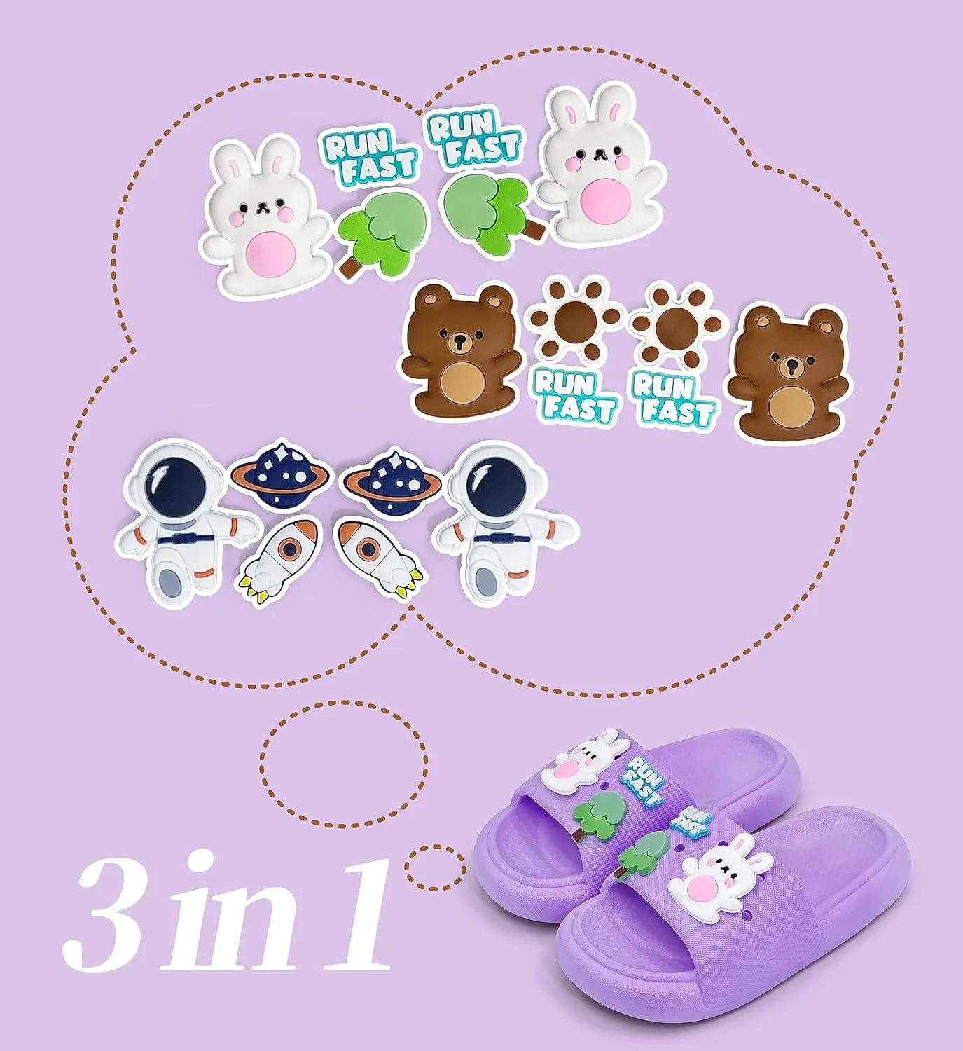 Toddler Slides Slippers Boys & Girls Slide Sandals for Kids Cute Cartoon Open Toe Sandals Compfy Shower Slippers Beach Garden Shoes 4 in 1 with 3 pair of Shoes Decoration Charms