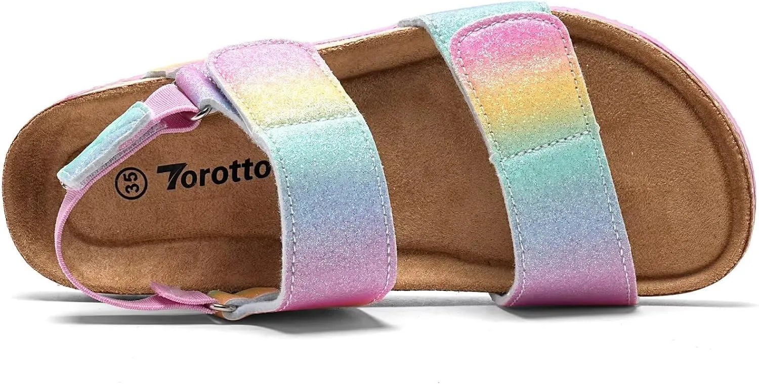 Torotto Girls Boys Sandals with Cork Footbed Adjustable Straps Summer Glitter Slides Sandals Open Toes Flat for Kids Toddler