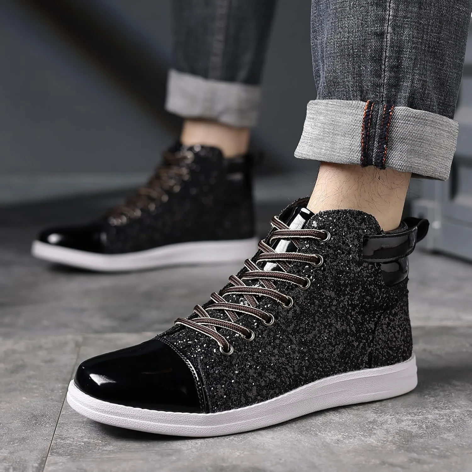 Trsorini Mens Glitter Shoes Sparkly High-top Sneakers Bling Sequin Shiny Men Lace-up Shoes