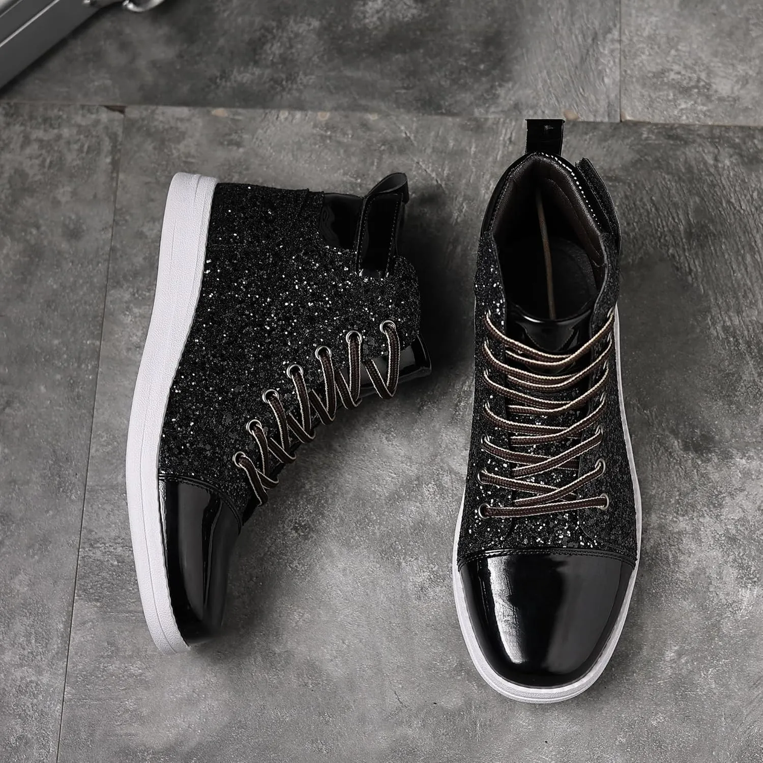 Trsorini Mens Glitter Shoes Sparkly High-top Sneakers Bling Sequin Shiny Men Lace-up Shoes