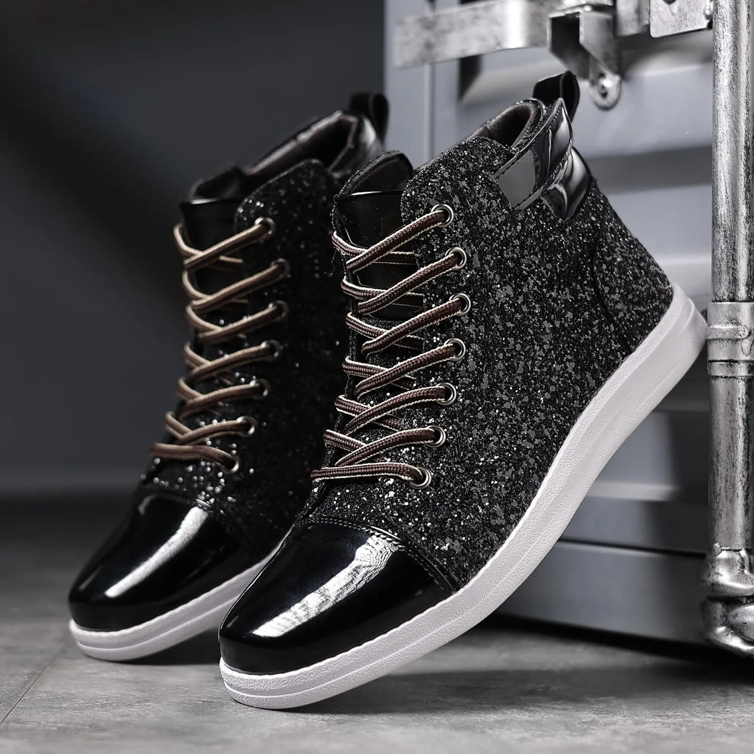 Trsorini Mens Glitter Shoes Sparkly High-top Sneakers Bling Sequin Shiny Men Lace-up Shoes