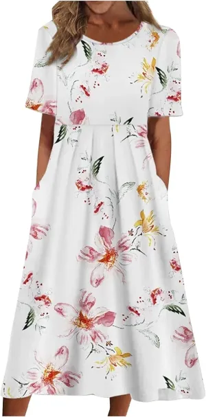 Tshirt Dress for Women 2025 Beach Cotton Linen Floral Printed Dresses with Pockets Casual Flowy Long Dress