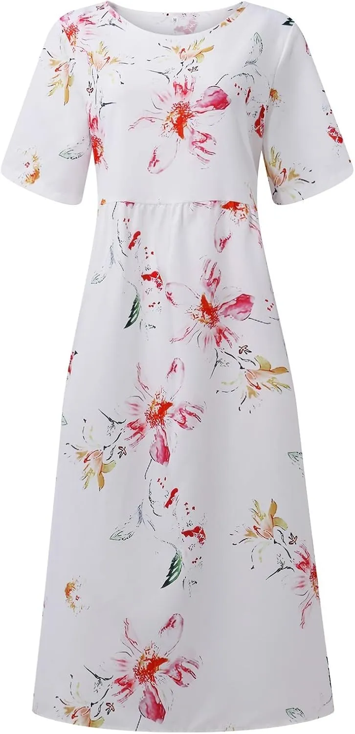Tshirt Dress for Women 2025 Beach Cotton Linen Floral Printed Dresses with Pockets Casual Flowy Long Dress