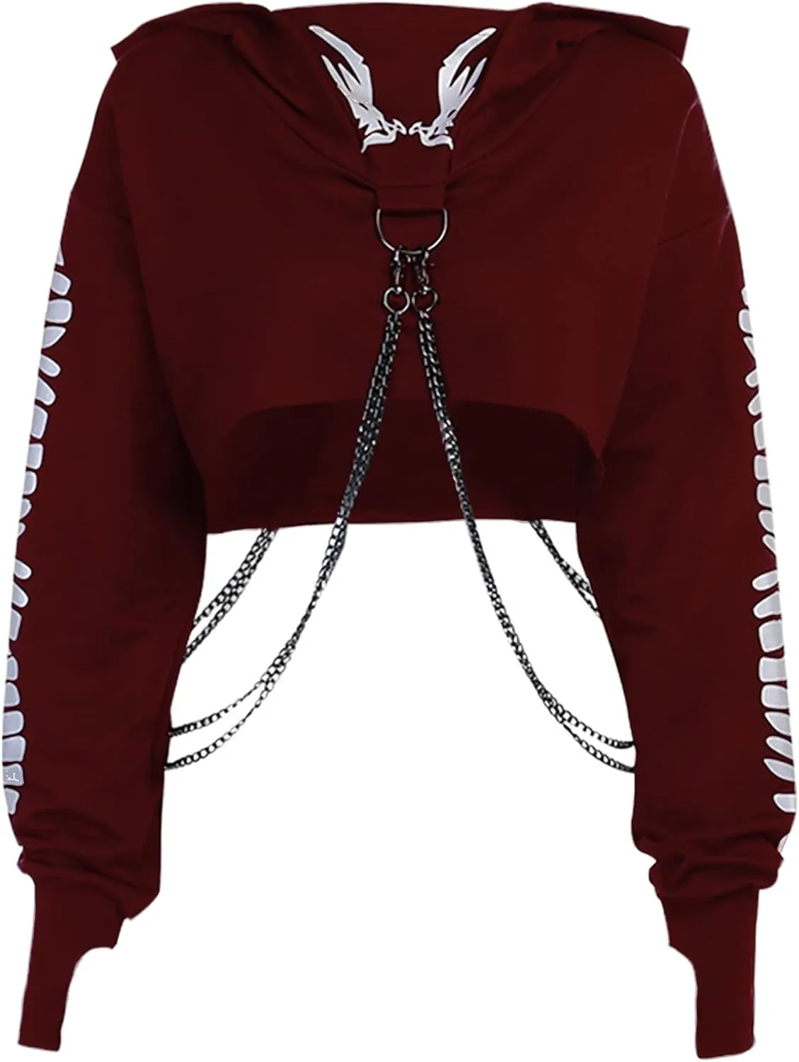 TSMNZMU Womens Gothic Cropped Hoodie Long Sleeve Punk Grunge Skull Print Sweatshirt Emo Alt Mall Goth Tops with Iron Chain