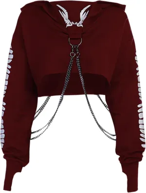 TSMNZMU Womens Gothic Cropped Hoodie Long Sleeve Punk Grunge Skull Print Sweatshirt Emo Alt Mall Goth Tops with Iron Chain