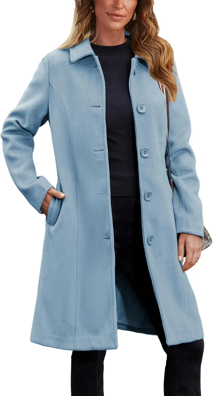UANEO Womens Peacoat Faux Wool Blend Single Breasted Long Trench Coat Dress Overcoat Winter with Pockets