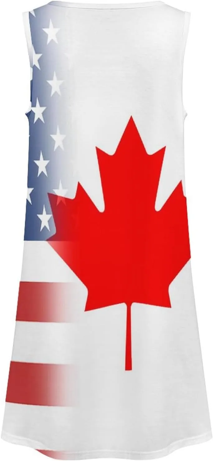 USA and Canadian Flag Women's Summer Dress Sleeveless Casual Loose Beach Vacation Tank Sundress