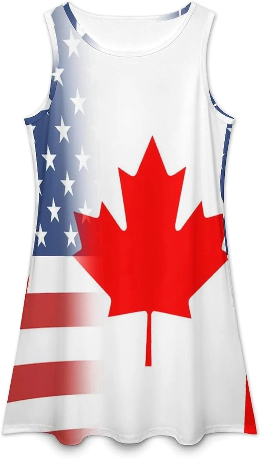 USA and Canadian Flag Women's Summer Dress Sleeveless Casual Loose Beach Vacation Tank Sundress