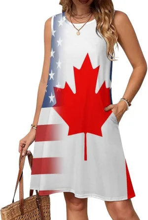 USA and Canadian Flag Women's Summer Dress Sleeveless Casual Loose Beach Vacation Tank Sundress