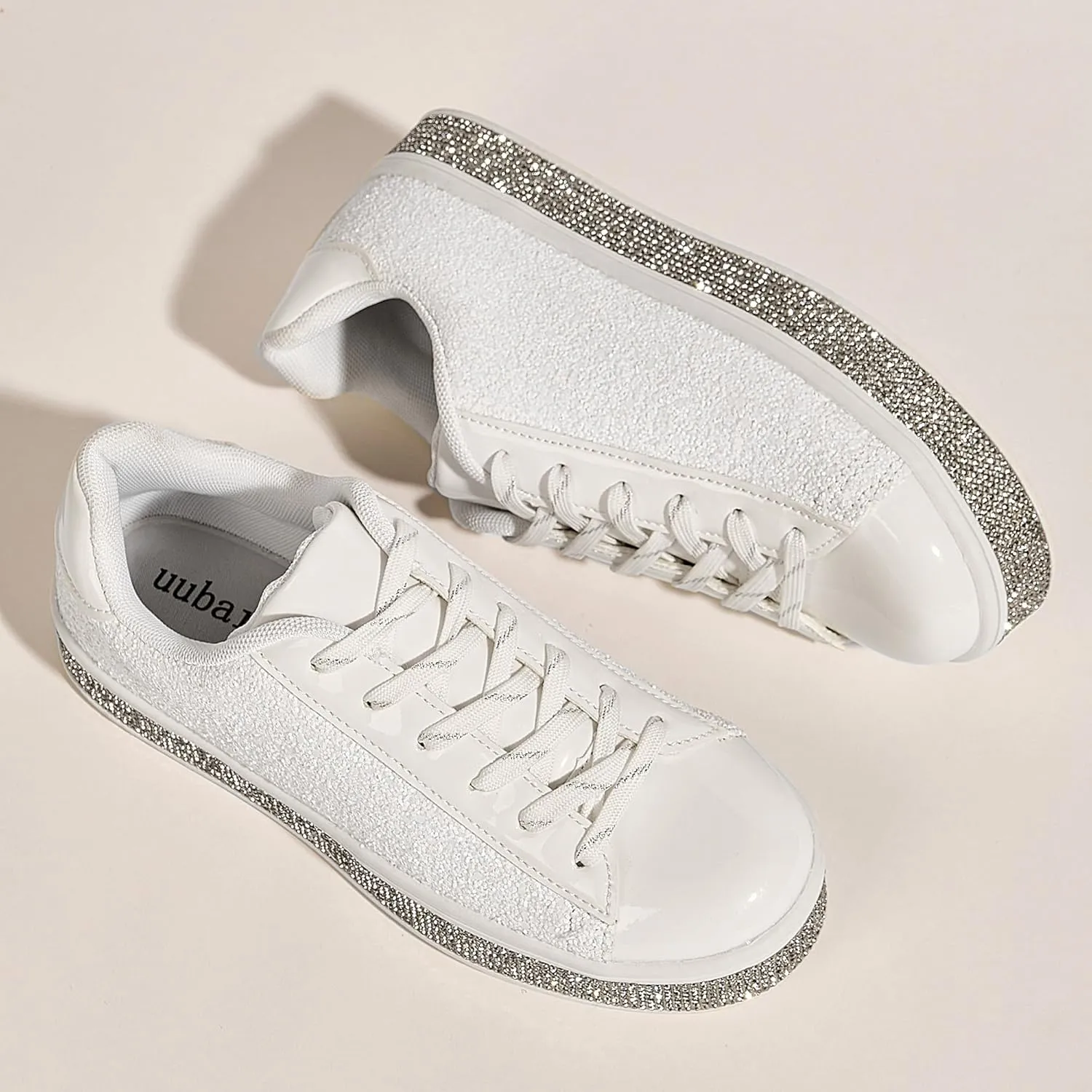UUBARIS Women's Glitter Tennis Sneakers Neon Dressy Sparkly Sneakers Rhinestone Bling Wedding Bridal Shoes Shiny Sequin Shoes
