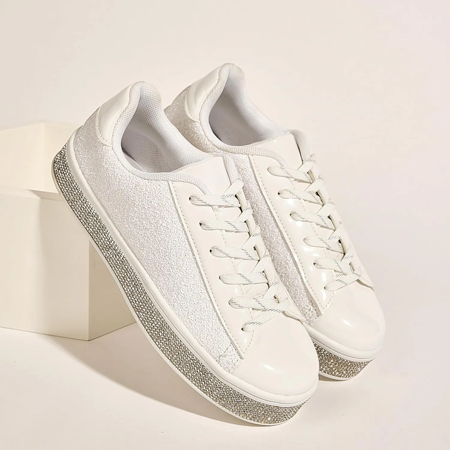 UUBARIS Women's Glitter Tennis Sneakers Neon Dressy Sparkly Sneakers Rhinestone Bling Wedding Bridal Shoes Shiny Sequin Shoes