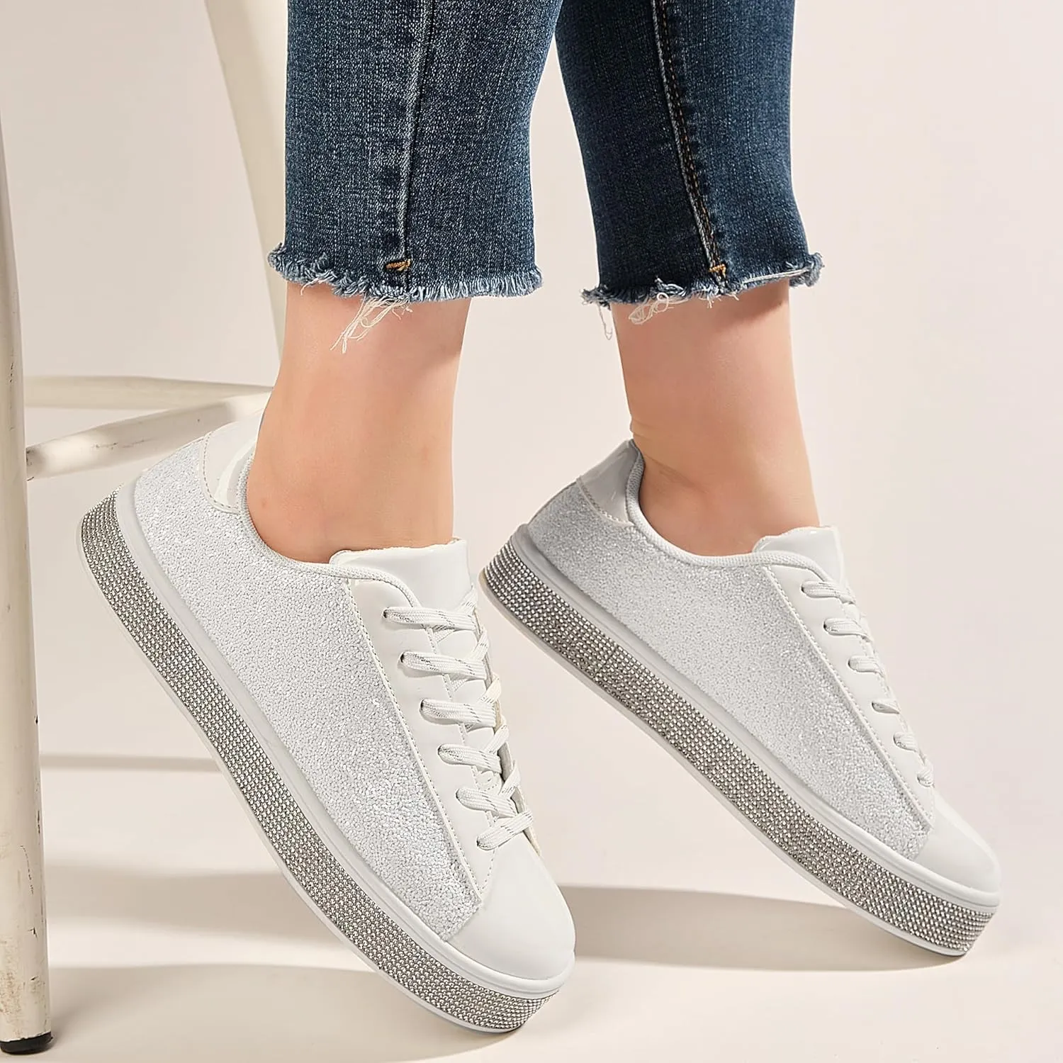 UUBARIS Women's Glitter Tennis Sneakers Neon Dressy Sparkly Sneakers Rhinestone Bling Wedding Bridal Shoes Shiny Sequin Shoes