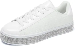 UUBARIS Women's Glitter Tennis Sneakers Neon Dressy Sparkly Sneakers Rhinestone Bling Wedding Bridal Shoes Shiny Sequin Shoes
