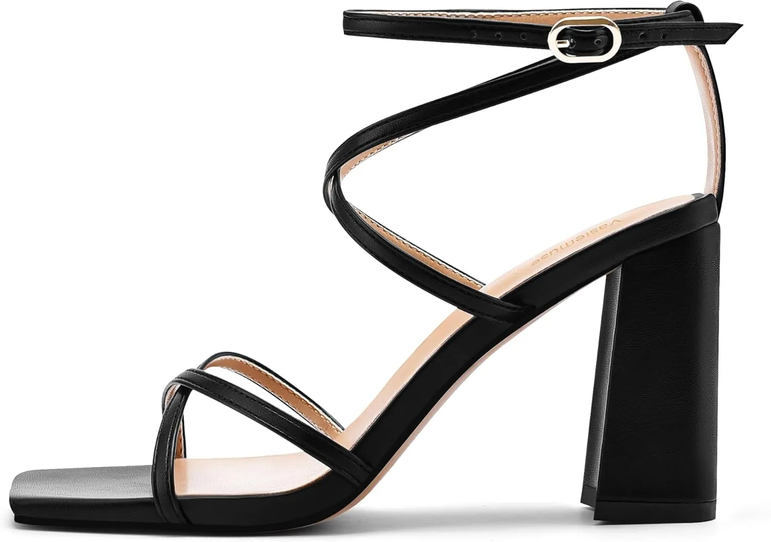 Vaslemuse Strappy Heels for Women Chunky Heel Sandals Square Open Toe witn Ankle Strap Prom Party Shoes