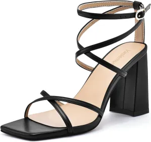 Vaslemuse Strappy Heels for Women Chunky Heel Sandals Square Open Toe witn Ankle Strap Prom Party Shoes