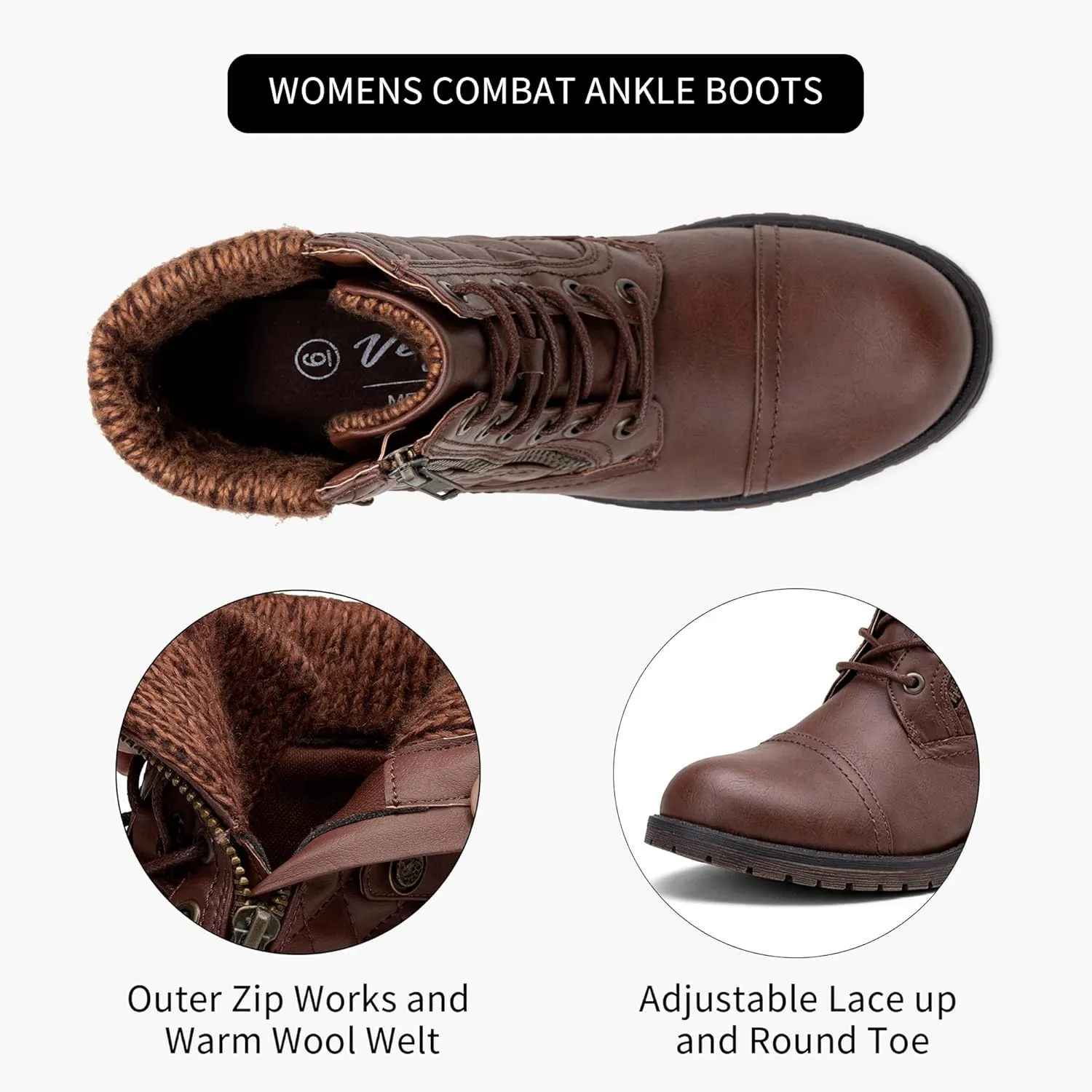 Vepose Women's Combat Ankle Boots, Lace up Comfortable Booties Low Heel