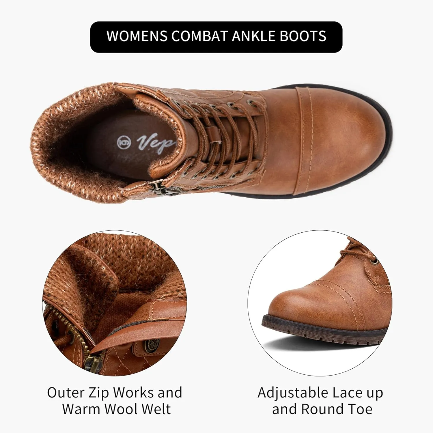 Vepose Women's Combat Ankle Boots, Lace up Comfortable Booties Low Heel