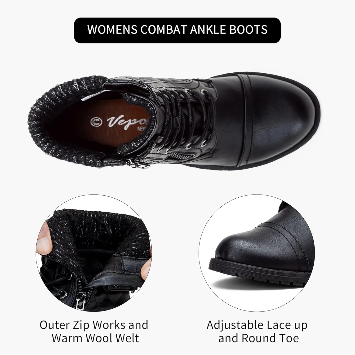 Vepose Women's Combat Ankle Boots, Lace up Comfortable Booties Low Heel