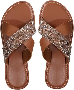 Verdusa Women's Criss Cross Rhinestone Sandals Open Toe PU Leather Slides Slippers