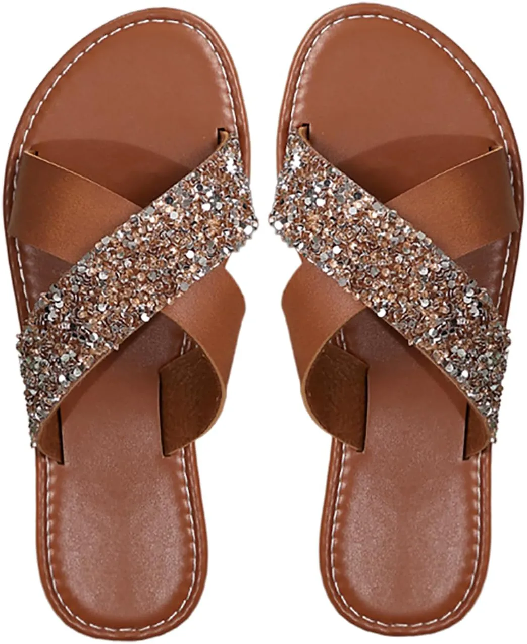 Verdusa Women's Criss Cross Rhinestone Sandals Open Toe PU Leather Slides Slippers