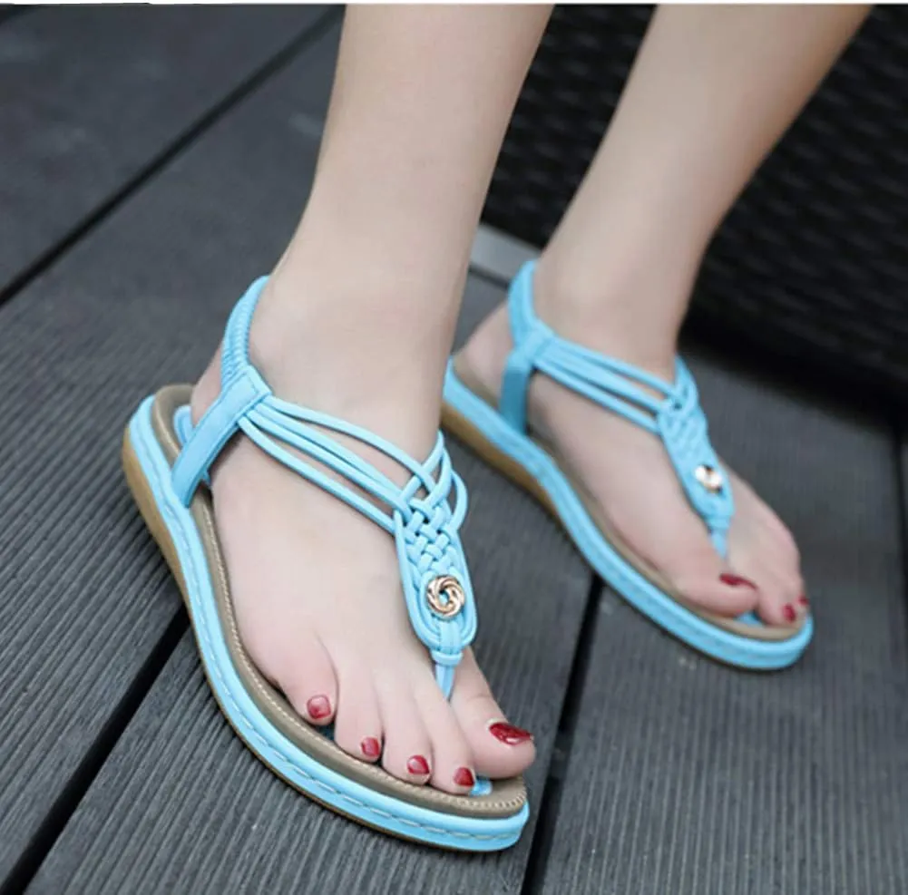 Veslexth Women's Casual Sandals Summer Bohemian Flat Ankle T-Strap Thong Elastic Strap Slippers Comfortable Home Weave Flip Flops