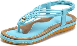 Veslexth Women's Casual Sandals Summer Bohemian Flat Ankle T-Strap Thong Elastic Strap Slippers Comfortable Home Weave Flip Flops