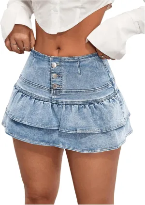 WDIRARA Women's Tiered Layer Ruffle Denim Skorts Y2k Button Front Mini Skirt Shorts