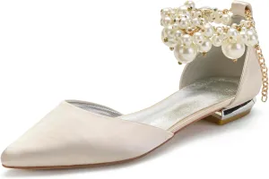 Wedding Bridal Shoes Beaded Ankle Strap Low Heels Women's Pumps Pointed Toe Closed Toe Sandal 2CM High Heels Satin Flats Elegant Formal,Champagne,10