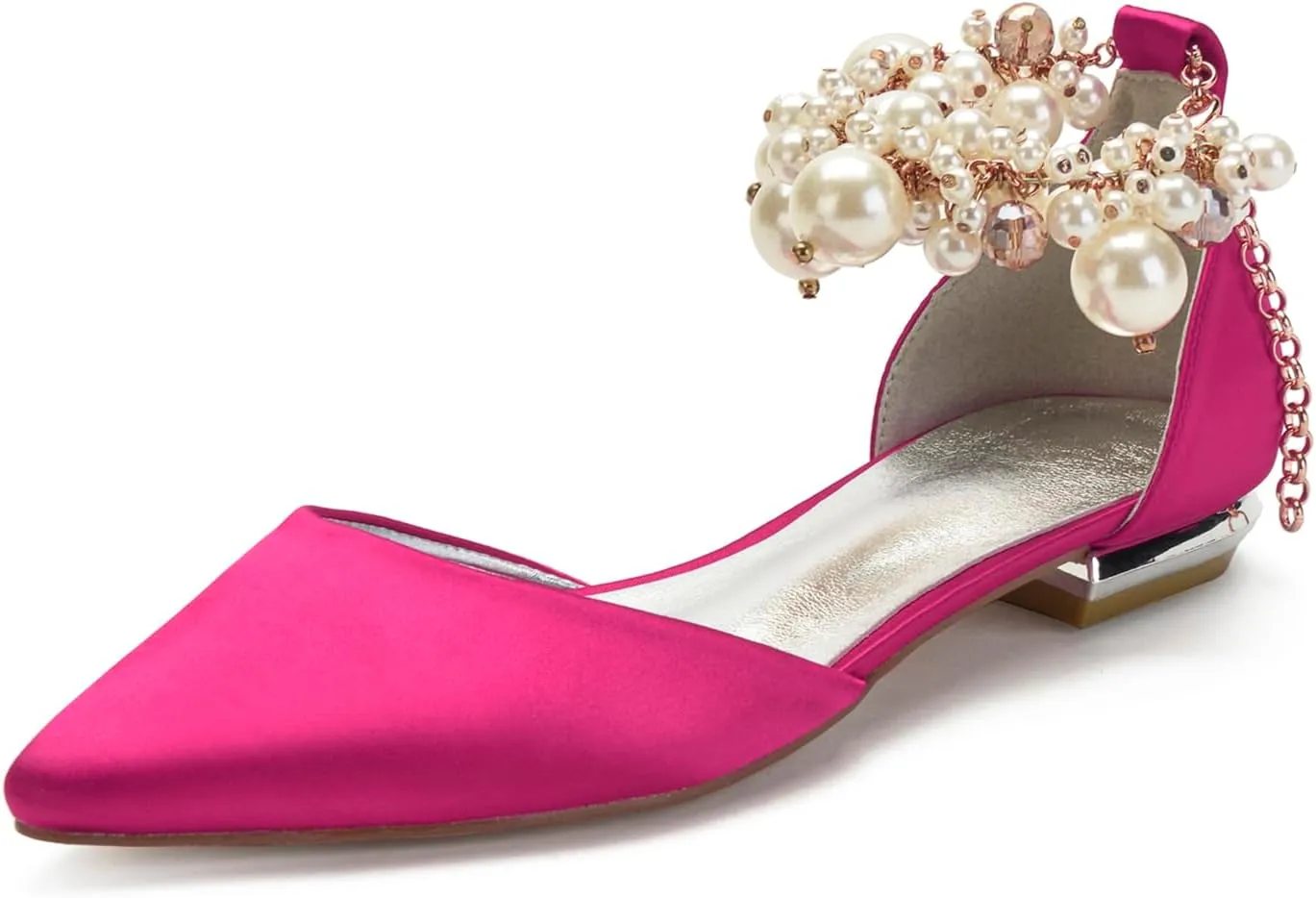 Wedding Bridal Shoes Beaded Ankle Strap Low Heels Women's Pumps Pointed Toe Closed Toe Sandal 2CM High Heels Satin Flats Elegant Formal,Wine red,7