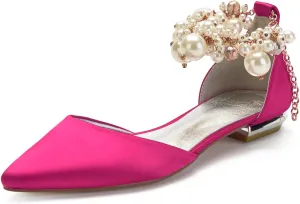 Wedding Bridal Shoes Beaded Ankle Strap Low Heels Women's Pumps Pointed Toe Closed Toe Sandal 2CM High Heels Satin Flats Elegant Formal,Wine red,7