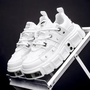 White Unisex Thick-Soled Trainers - Avant-Garde Chunky Sneakers with Punk-Inspired Metal Stud Accents - Perfect for Skateboarding, Parties & Everyday Wear