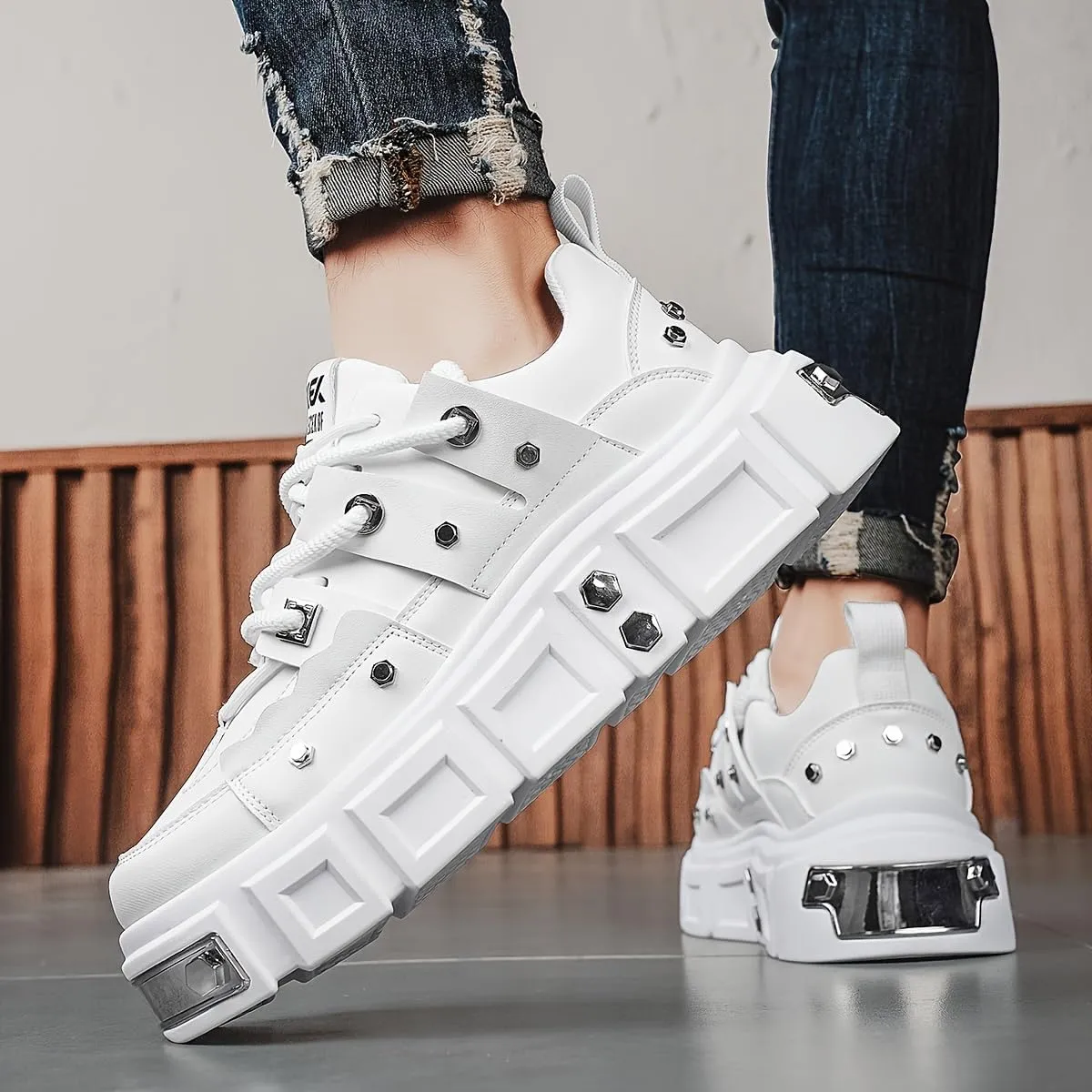 White Unisex Thick-Soled Trainers - Avant-Garde Chunky Sneakers with Punk-Inspired Metal Stud Accents - Perfect for Skateboarding, Parties & Everyday Wear
