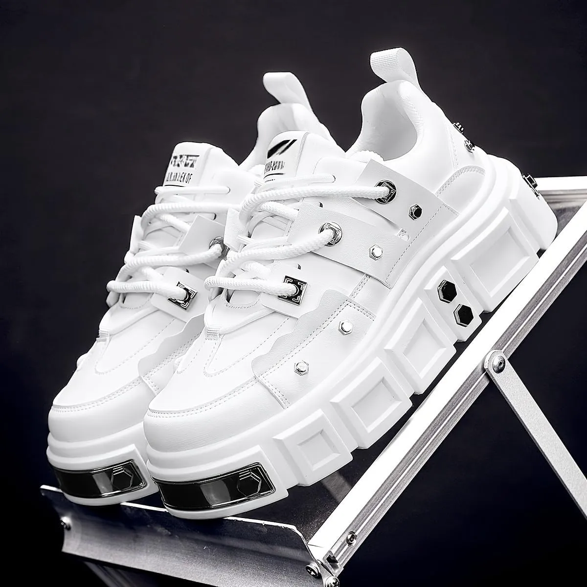 White Unisex Thick-Soled Trainers - Avant-Garde Chunky Sneakers with Punk-Inspired Metal Stud Accents - Perfect for Skateboarding, Parties & Everyday Wear
