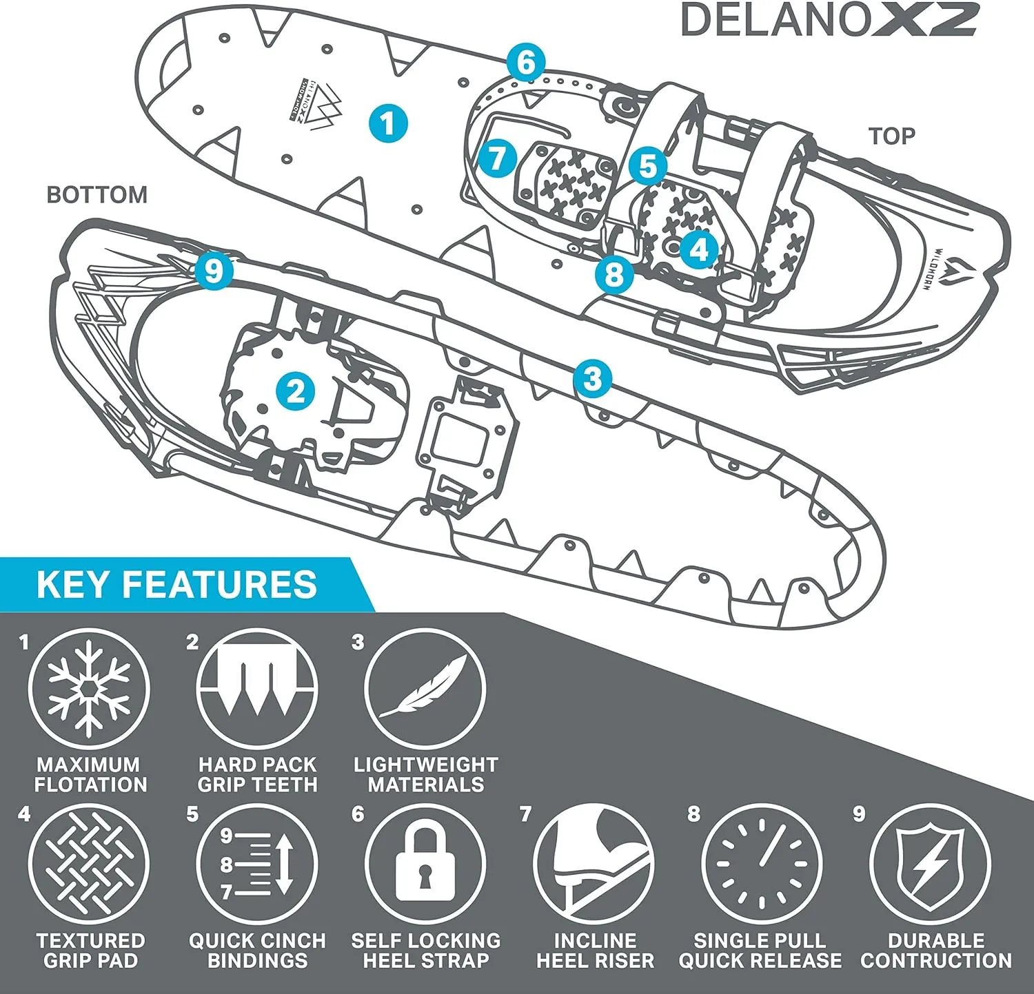 Wildhorn Delano Lightweight Snowshoes for Men 22/28 Premium Aluminum Frame Snowshoes for Women & Youth Adjustable Snow Shoes with Steel Grip Crampons