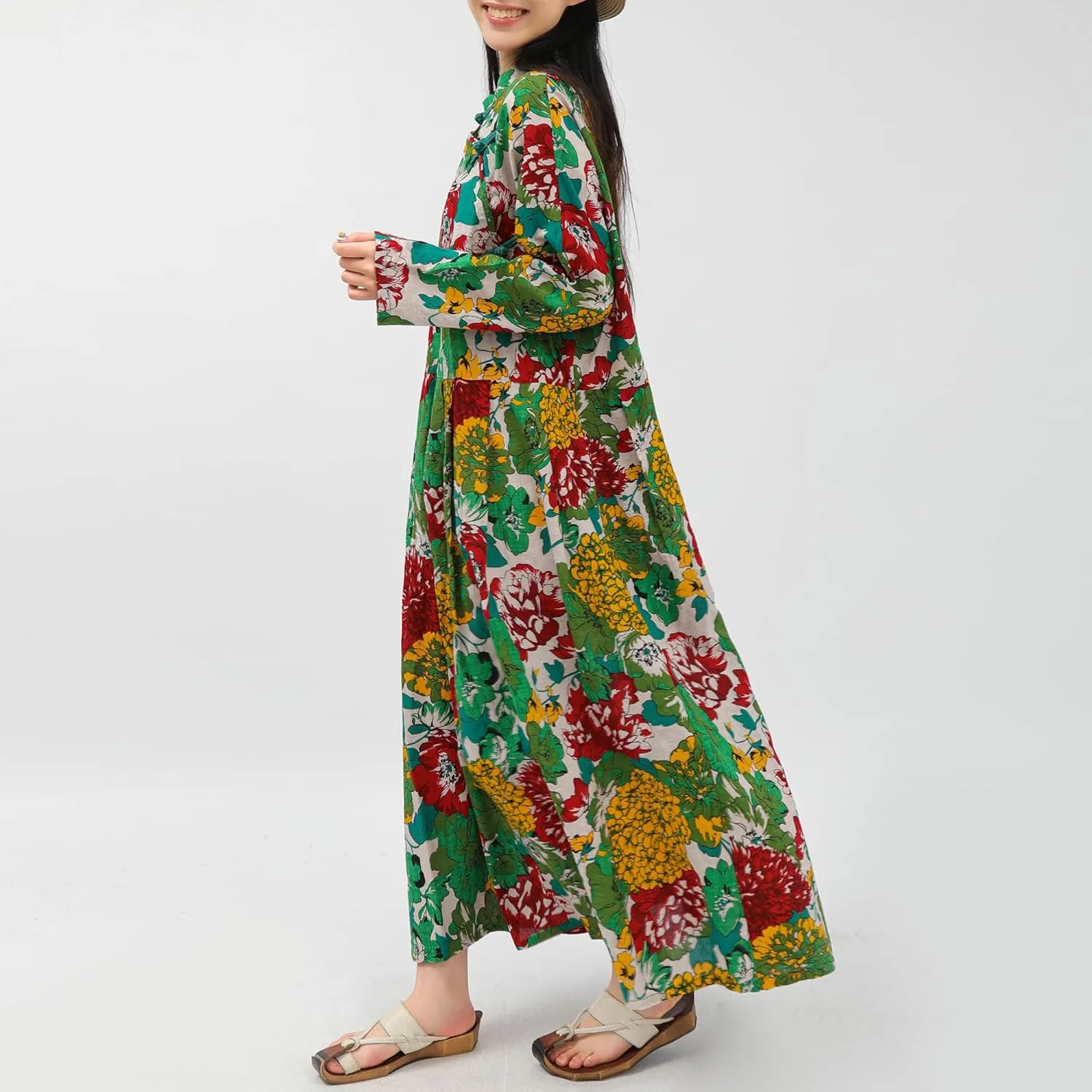 Women Boho Floral Print Cotton Long Maxi Skirt with Pockets and Adjustable Waistband Beach Casual Summer Dress