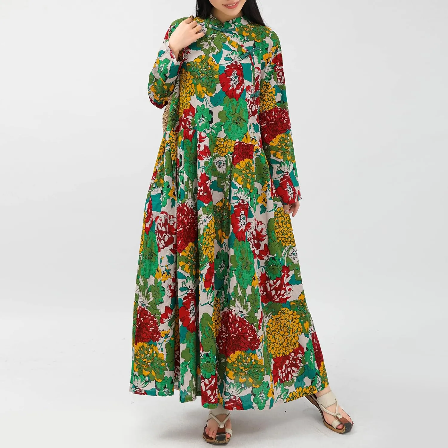 Women Boho Floral Print Cotton Long Maxi Skirt with Pockets and Adjustable Waistband Beach Casual Summer Dress