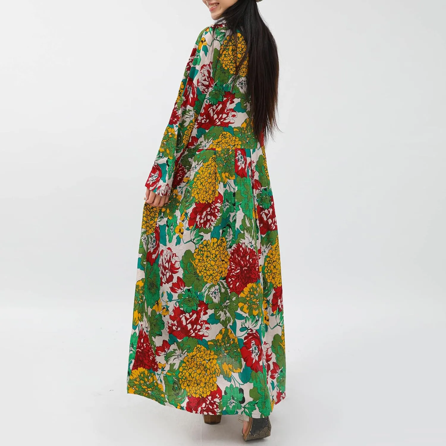 Women Boho Floral Print Cotton Long Maxi Skirt with Pockets and Adjustable Waistband Beach Casual Summer Dress