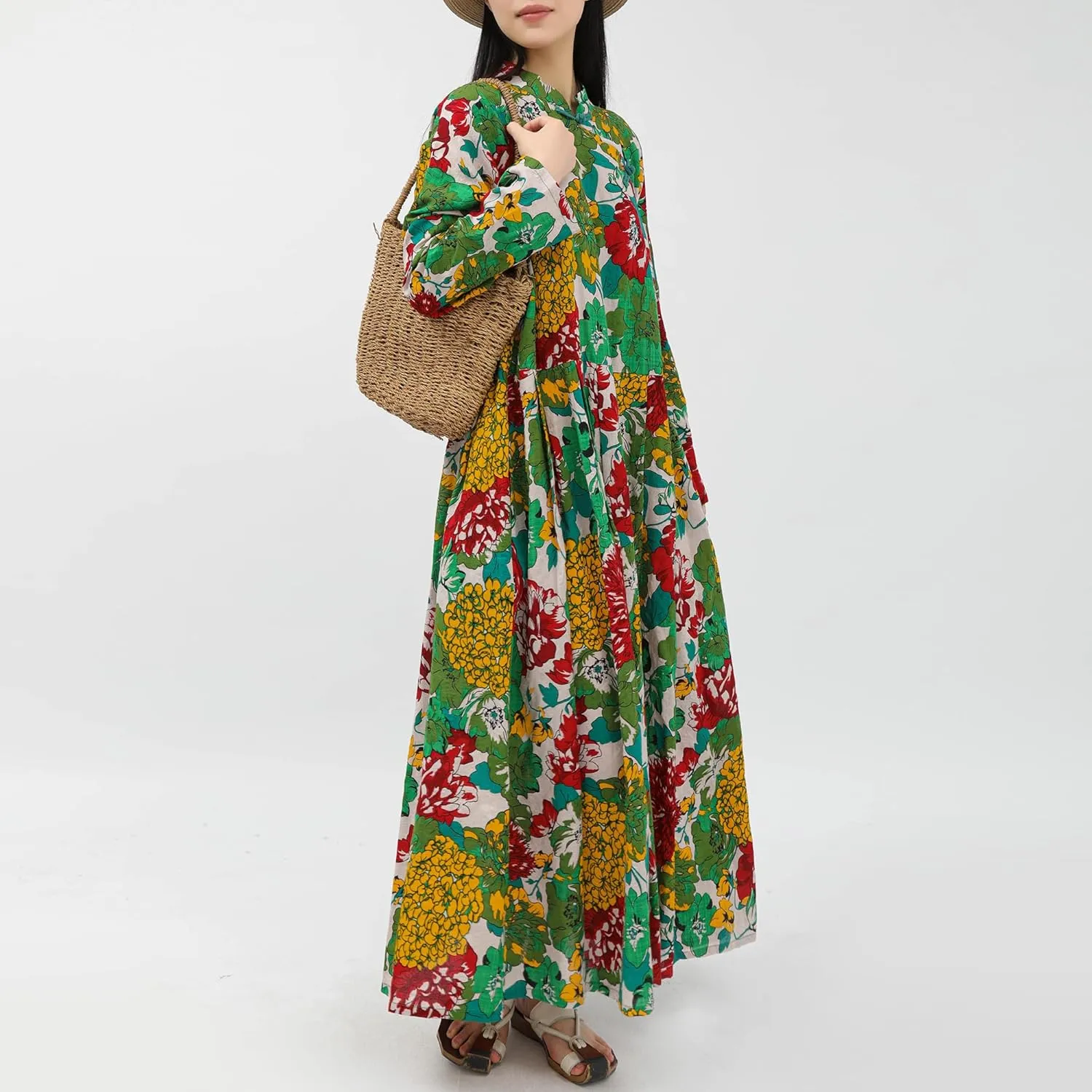 Women Boho Floral Print Cotton Long Maxi Skirt with Pockets and Adjustable Waistband Beach Casual Summer Dress