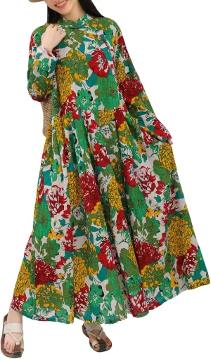 Women Boho Floral Print Cotton Long Maxi Skirt with Pockets and Adjustable Waistband Beach Casual Summer Dress