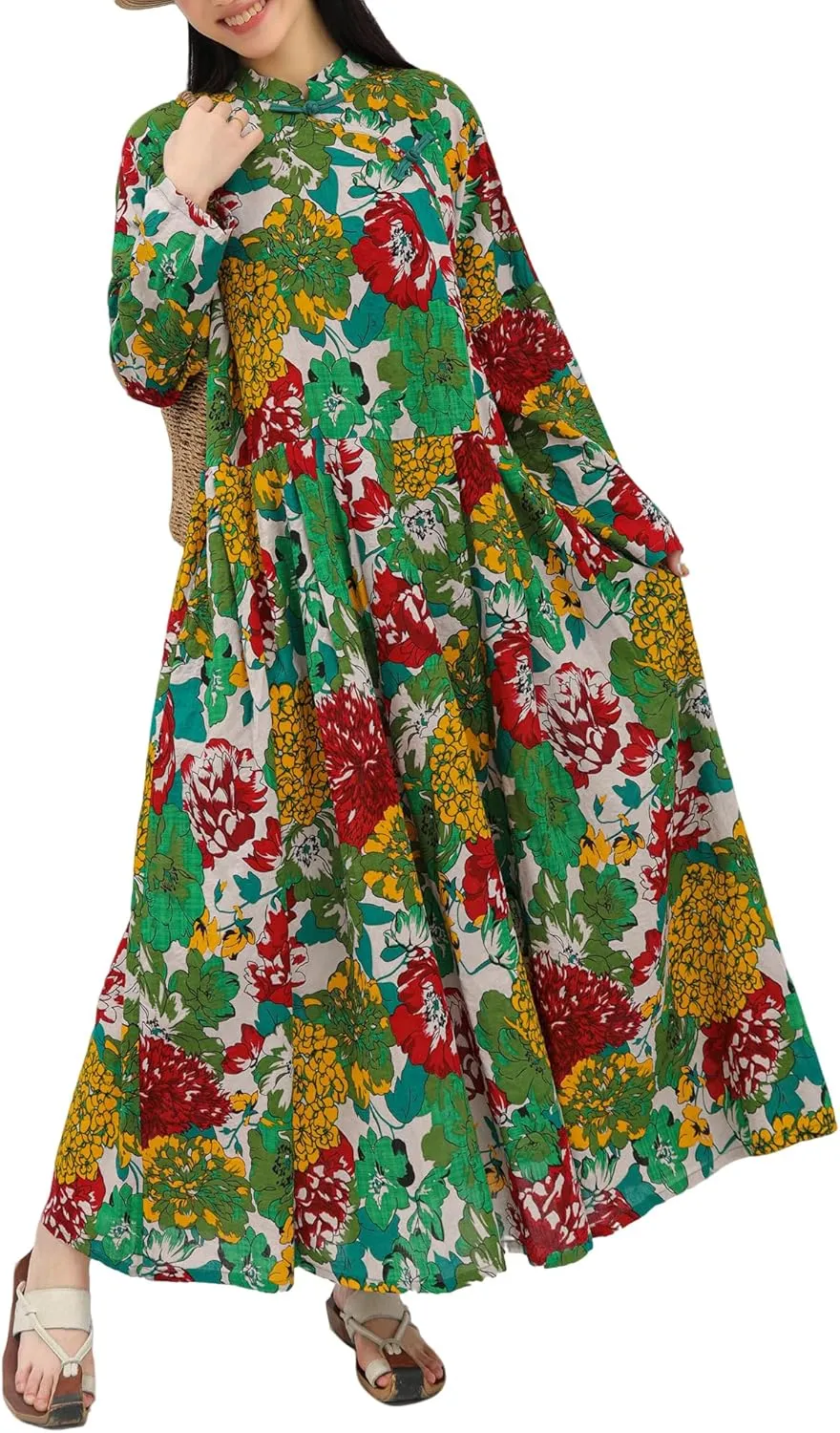 Women Boho Floral Print Cotton Long Maxi Skirt with Pockets and Adjustable Waistband Beach Casual Summer Dress