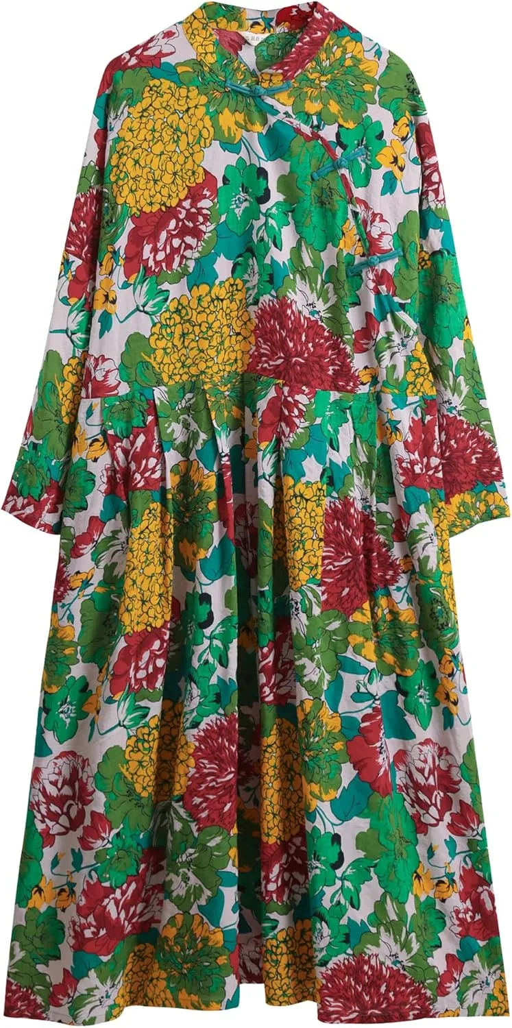 Women Boho Floral Print Cotton Long Maxi Skirt with Pockets and Adjustable Waistband Beach Casual Summer Dress